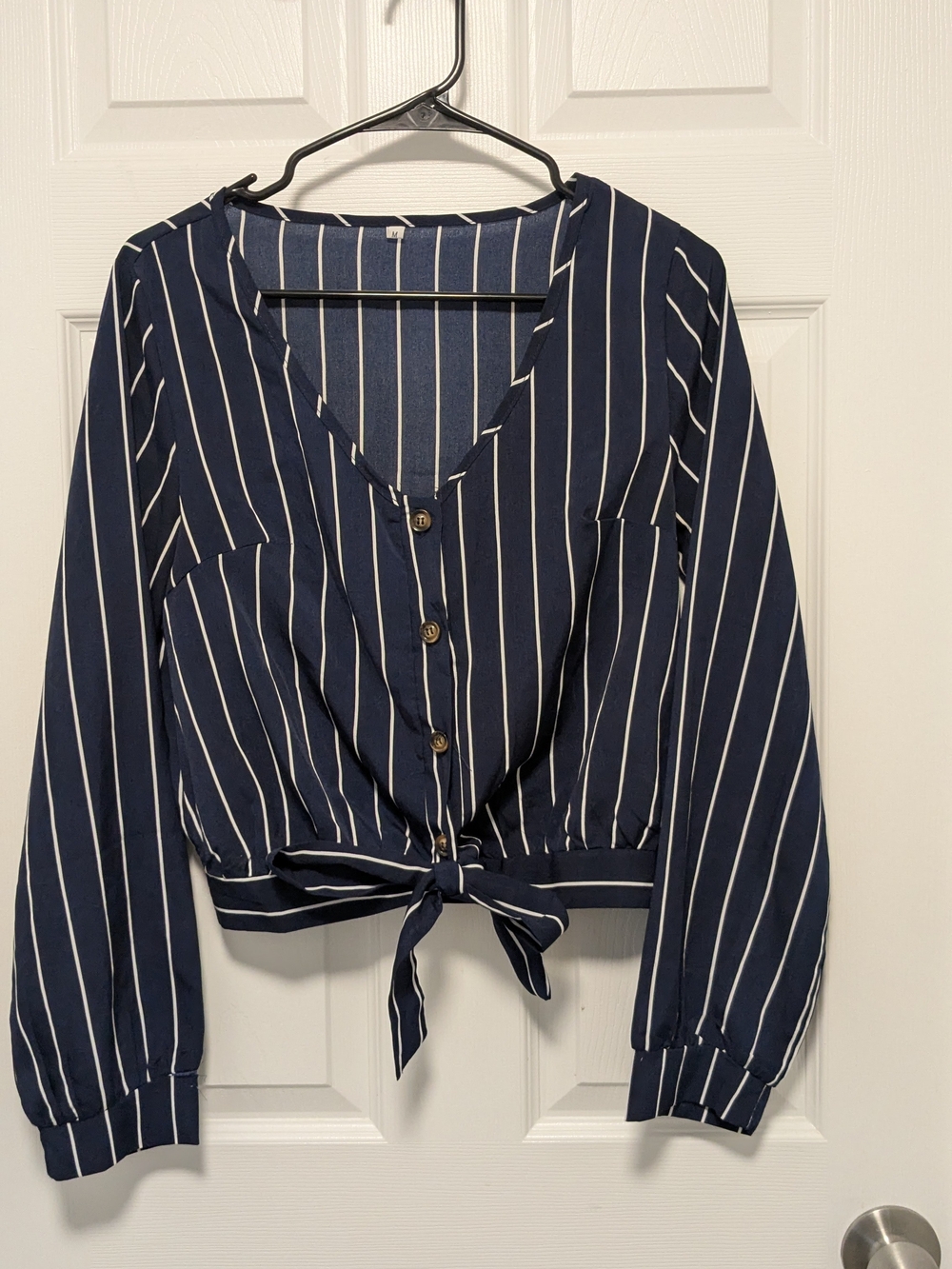 Striped Tie-Front V-Neck Blouse - Navy